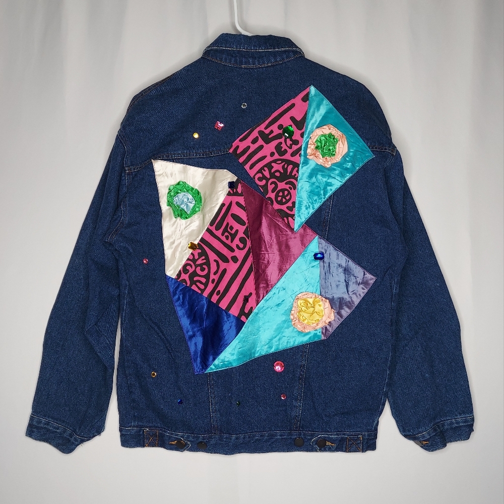 Sportdeco Vtg Denim Trucker Jacket Medium Patchwork Satin Jewel‎ Bead Maximalist
